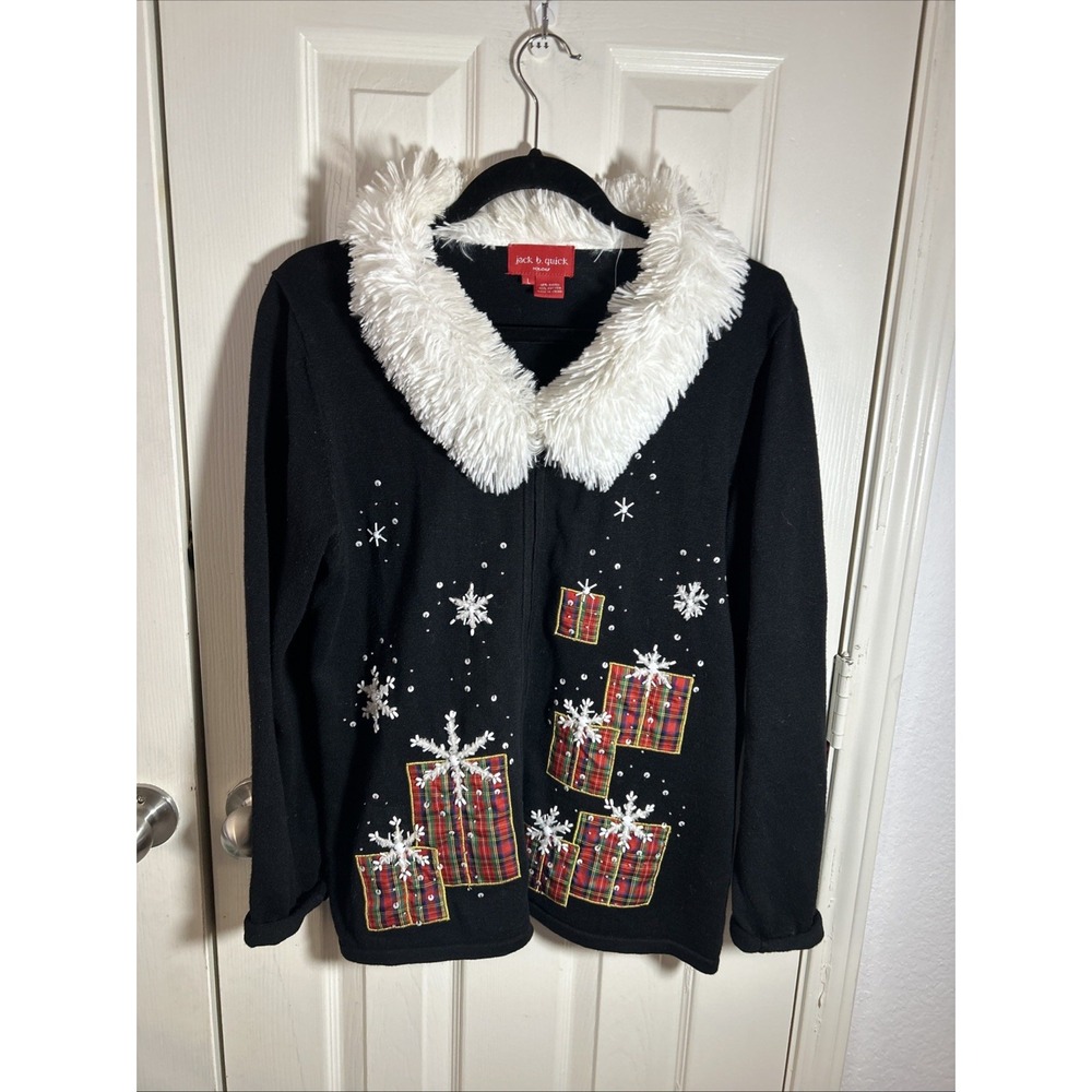 Jack B Quick Women's Vintage Sweater L Zip Cardigan Christmas Holiday
